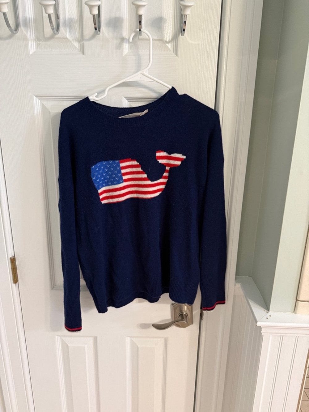 Vineyard Vines Navy Crewneck Sweater with American Flag Whale
